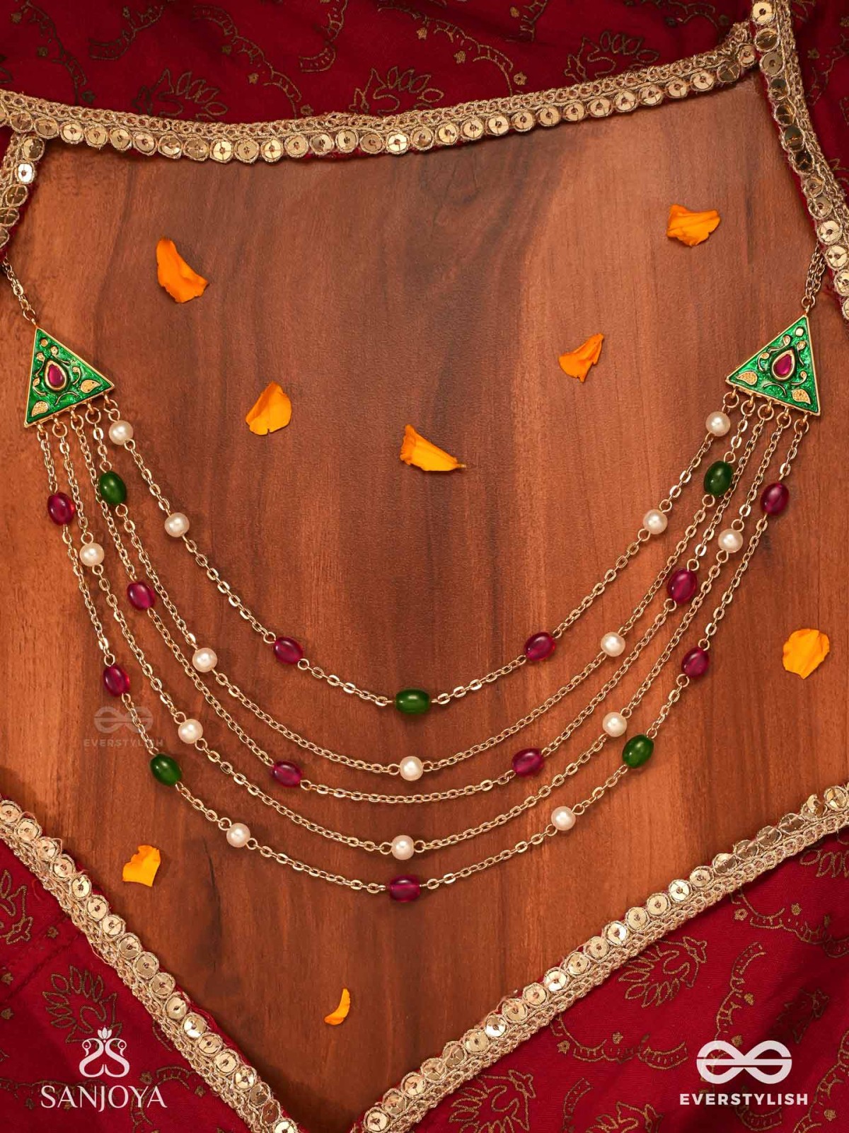 RANGLEKHA - LINES OF COLOR-  LAYERED GOLDEN CHAINED KUNDAN NECKPIECE WITH VIBRANT GEM DROPS AND FLORAL ENAMELED EDGES