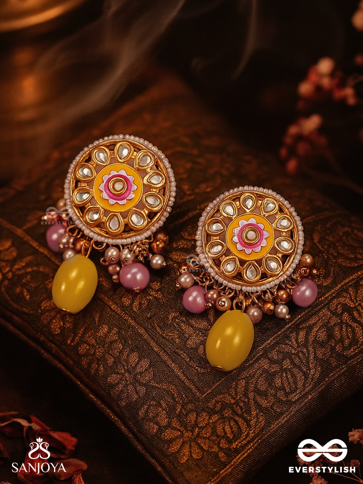 MADHUVARNIKA - HONEY HUE- SOFT FEMININE KUNDAN EARRINGS FEATURING PEARLS AND PASTEL GEMSTONE DROPS