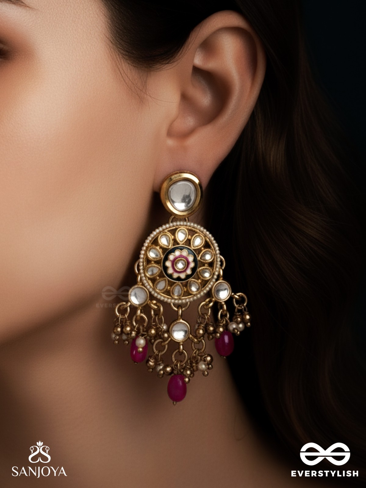 TRIBANDHURA - THREE-STRANDED BEAUTY-  KUNDAN EARRING WITH FLORAL ENAMELLED MEDALLIONS AND RUBY DROPS