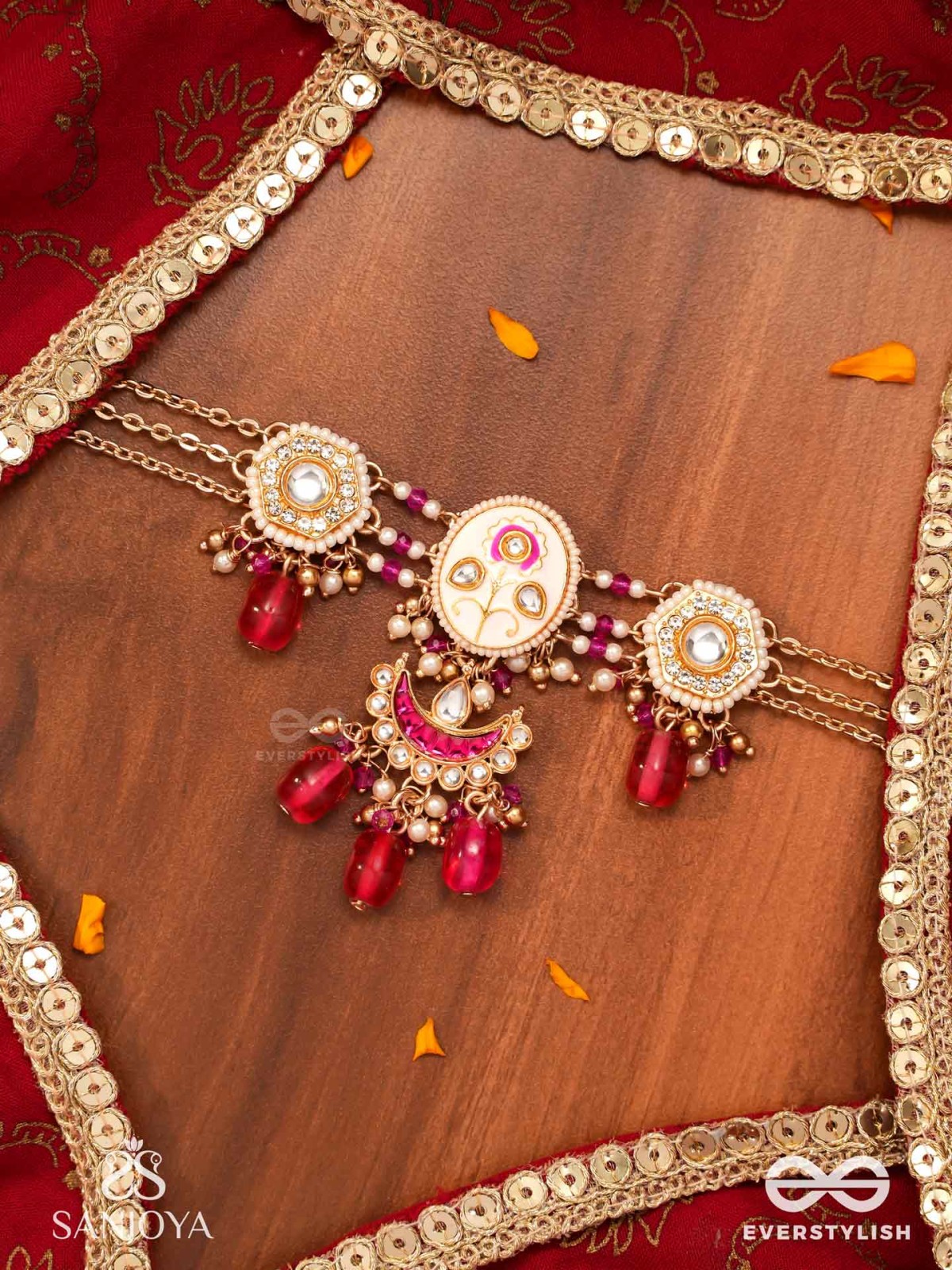 KAMALANGI - LOTUS-BODIED- FLORAL ENAMEL CENTRE DESIGN NECKPIECE WITH TRIPLE CHAIN LAYERS AND RUBY BAEDS AND PEARLS