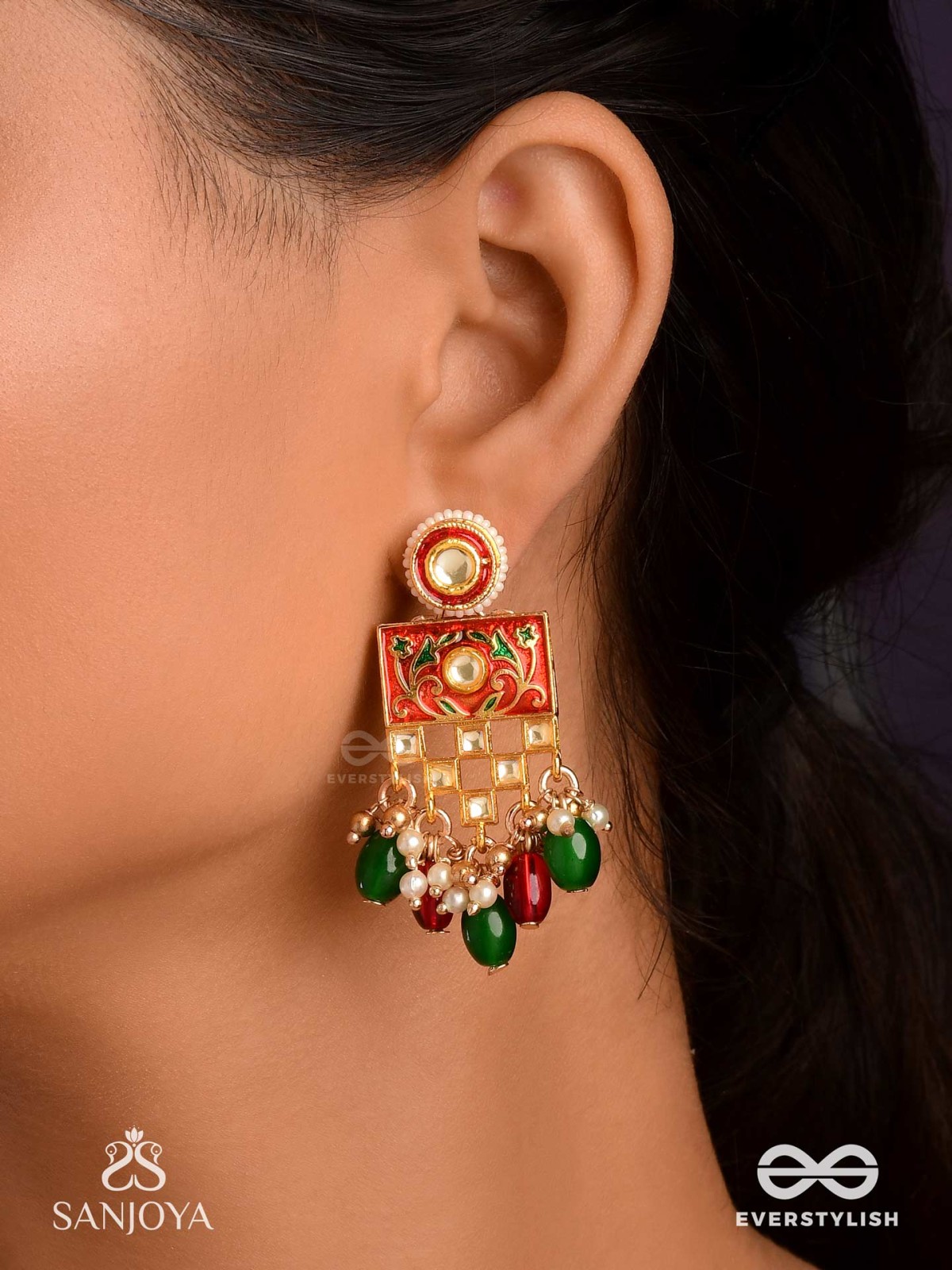 SHUBHADRA - AUSPICIOUS BEAUTY- GEOMETRIC KUNDAN ENAMELLED EARRINGS WITH PEARLS AND BEADS