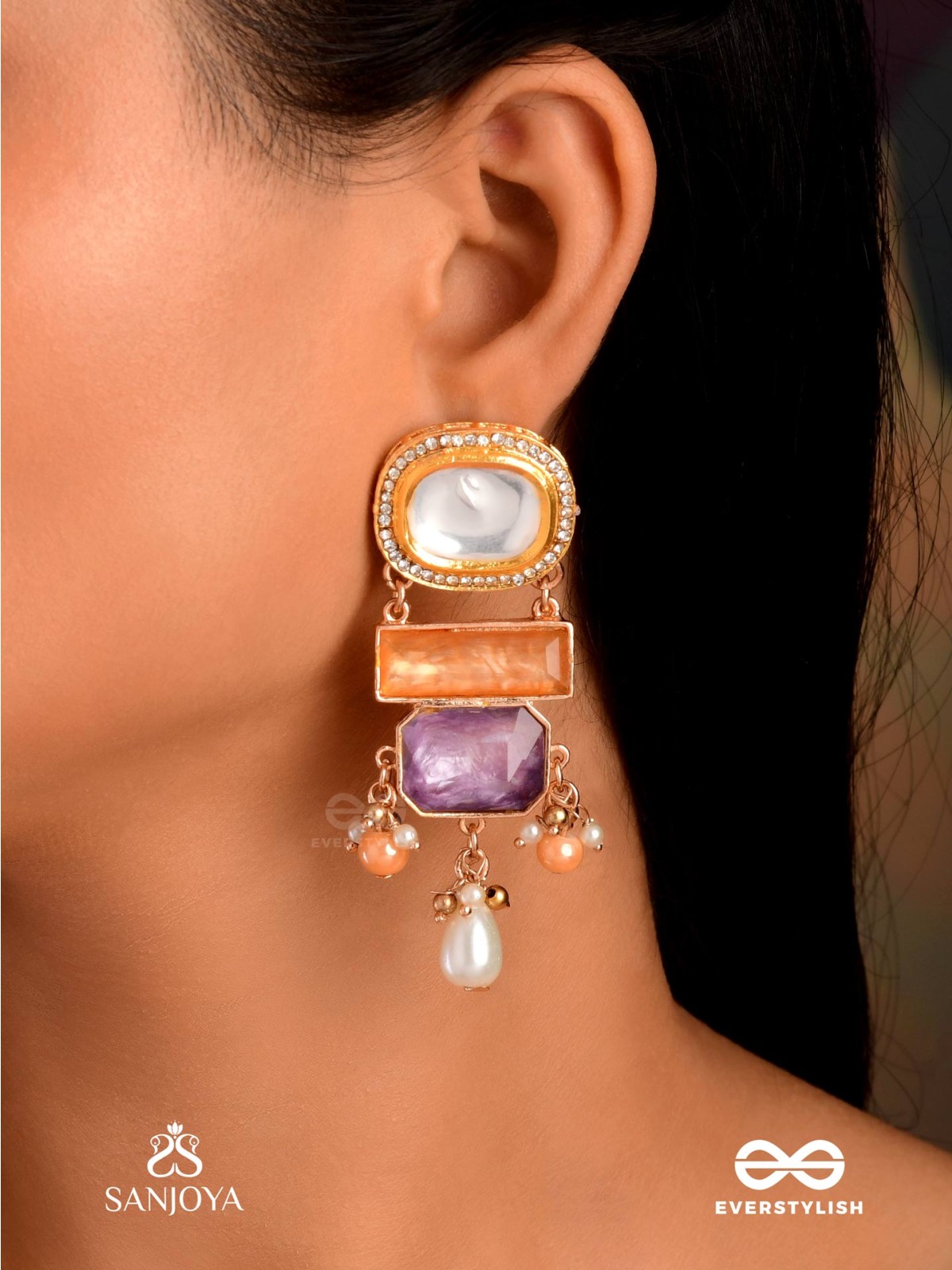 VASUNDHARA - EARTHLY BEAUTY- EARTH-TONED GEMSTONE EARRINGS WITH BEADS, KUNDAN AND PEARLS