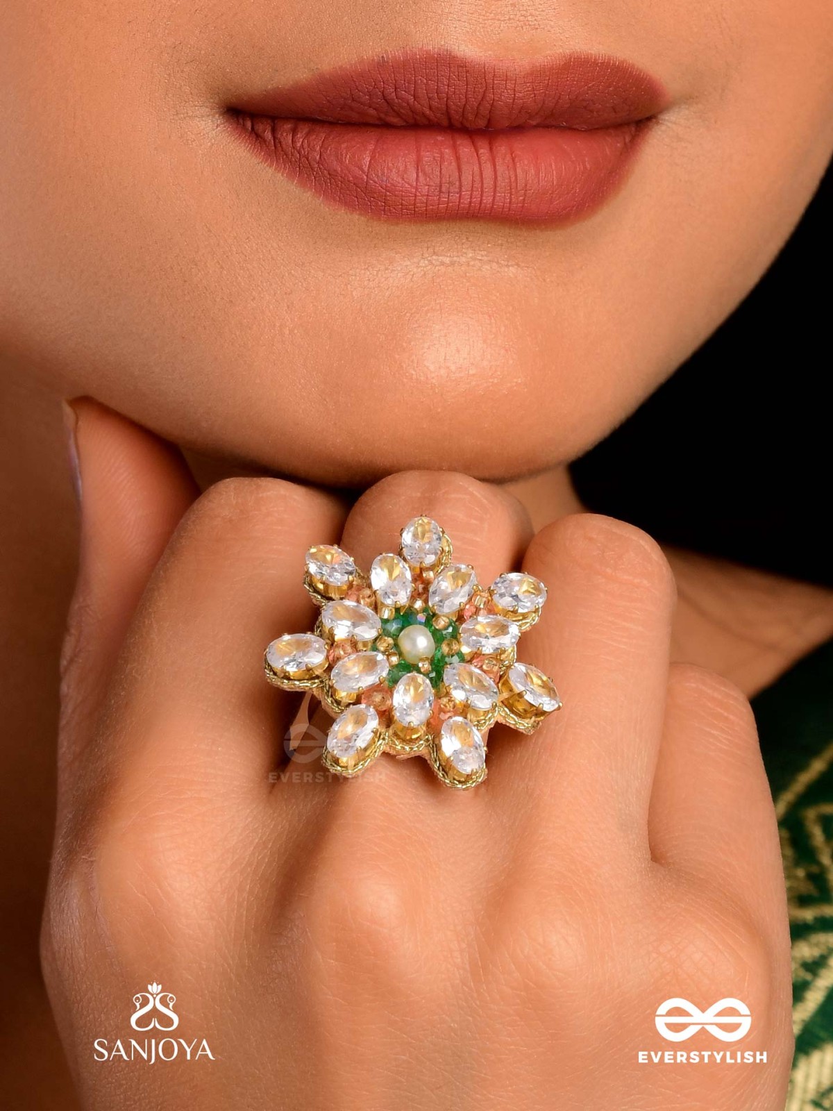 HIMANSHIKA - SNOW-KISSED- FLORAL RING WITH WHITE GEMSTONES AND PEARL CENTER