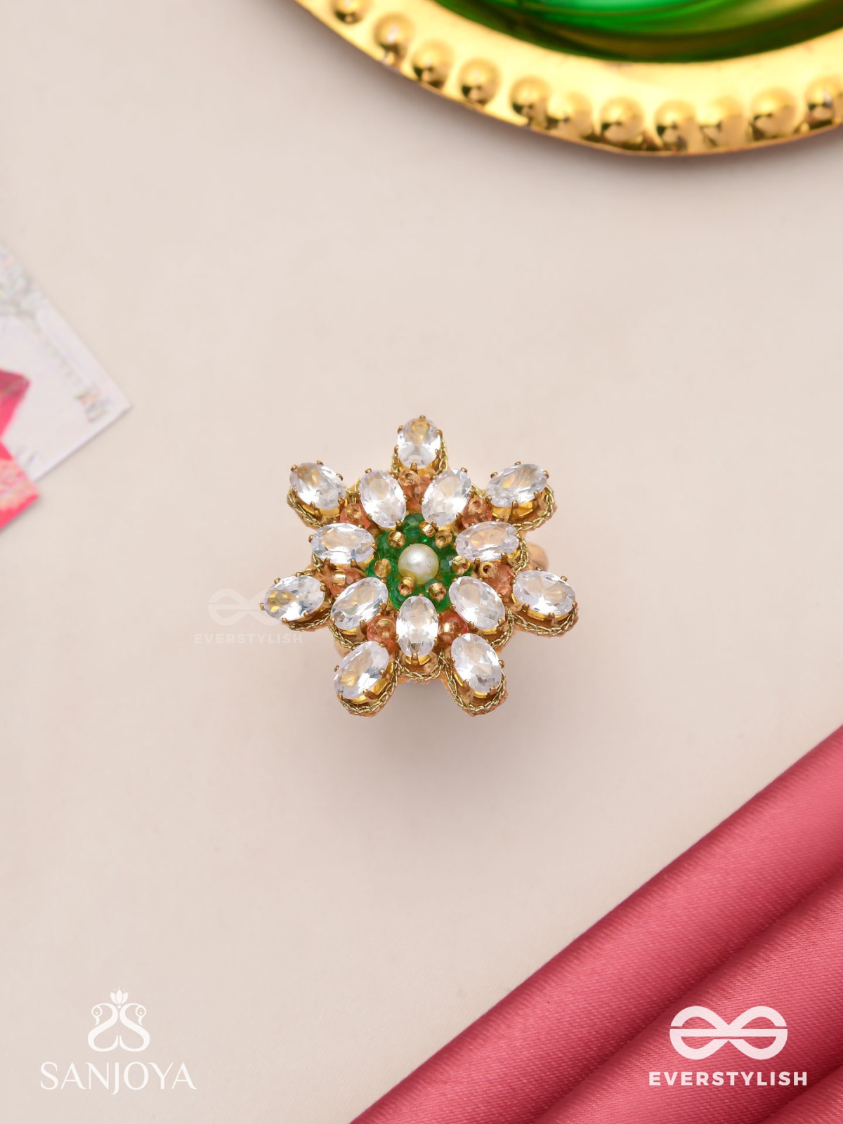 HIMANSHIKA - SNOW-KISSED- FLORAL RING WITH WHITE GEMSTONES AND PEARL CENTER