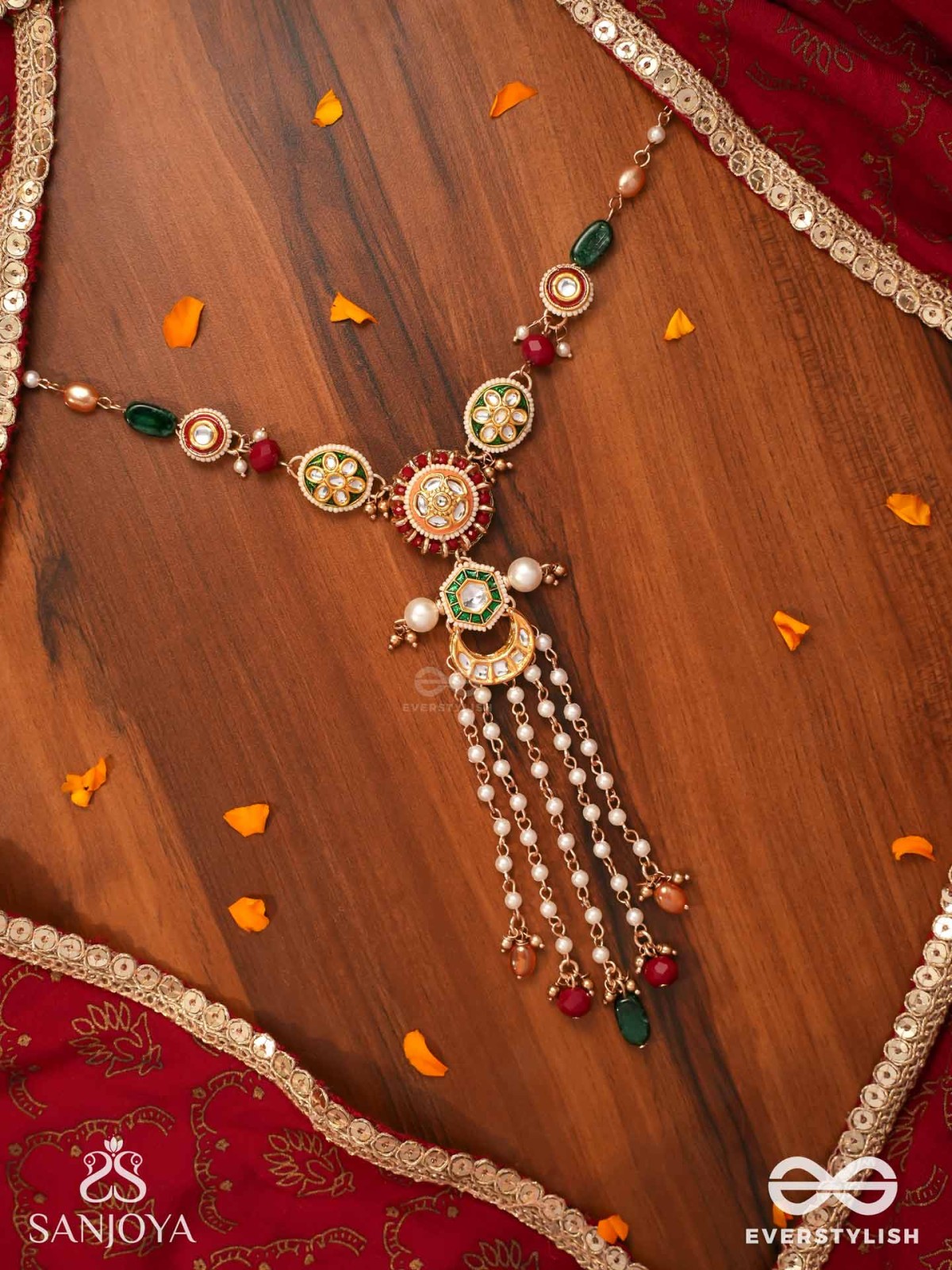 UTKALINI - EXQUISITELY DESIGNED- ENAMEL KUNDAN NECKPIECE WITH LAYERED PEARL FRINGES AND VIBRANT BEADS