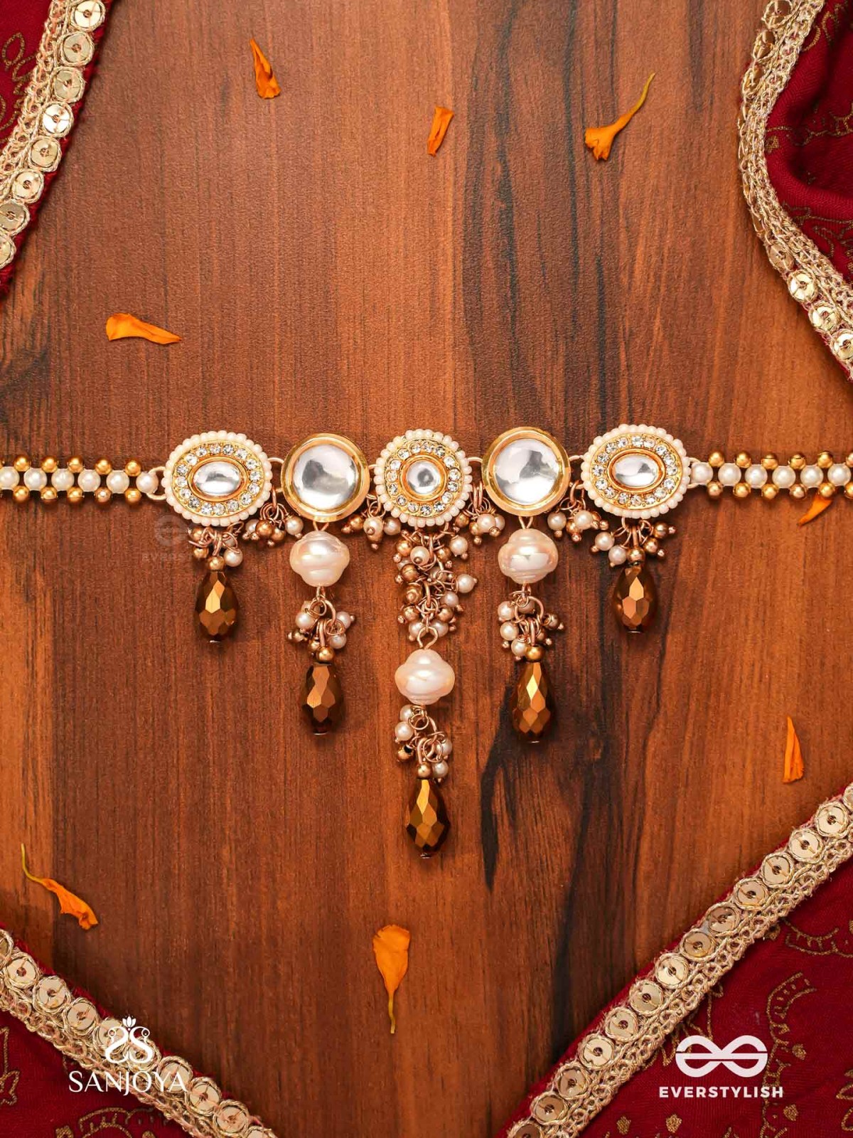 KANAKLEKHA - GOLDEN GLEAM- ROUND POLKI ACCENTED NECKPIECE WITH DEWY WHITE PEARLS AND WARM EARTHY TONE BEADS