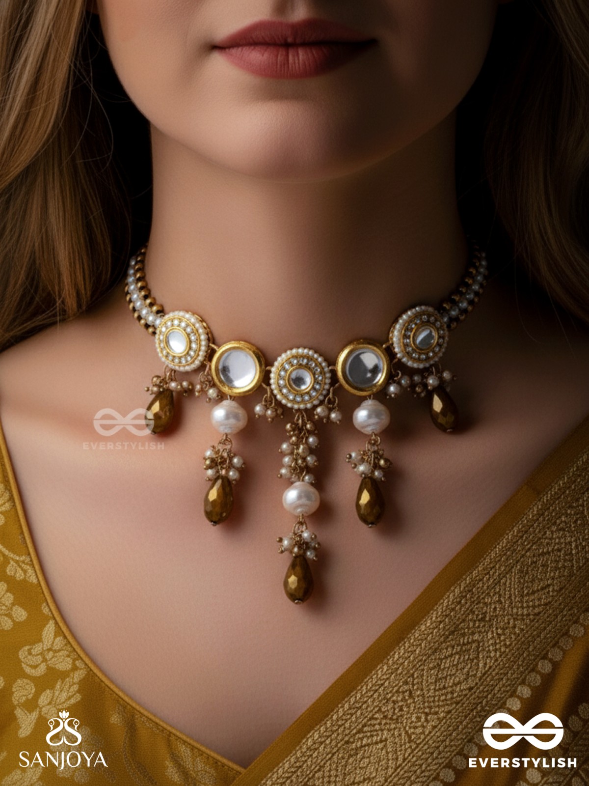 KANAKLEKHA - GOLDEN GLEAM- ROUND POLKI ACCENTED NECKPIECE WITH DEWY WHITE PEARLS AND WARM EARTHY TONE BEADS