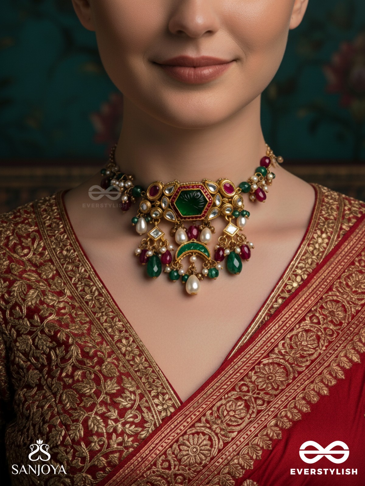 HARARASA - ESSENCE OF GREEN- KUNDAN NECKPIECE WITH PEARLS, BEADS AND GEMSTONE