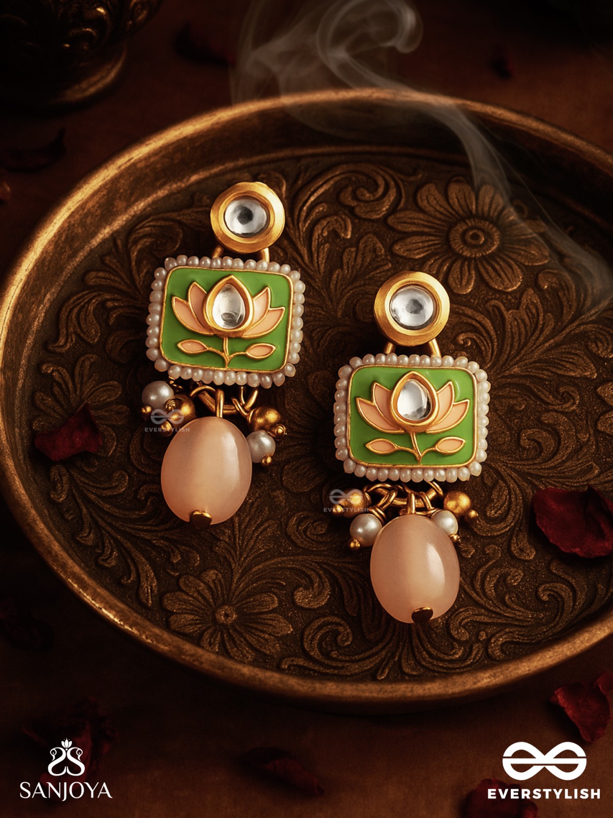 MRIDULPADMA - GENTLE LOTUS- DELICATE KUNDAN EARRINGS WITH FLORAL MOTIFS, BEADS AND PEARLS