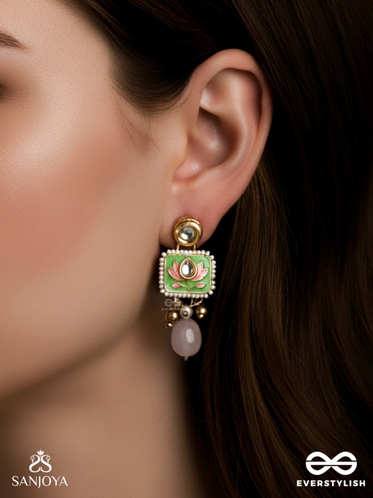 MRIDULPADMA - GENTLE LOTUS- DELICATE KUNDAN EARRINGS WITH FLORAL MOTIFS, BEADS AND PEARLS