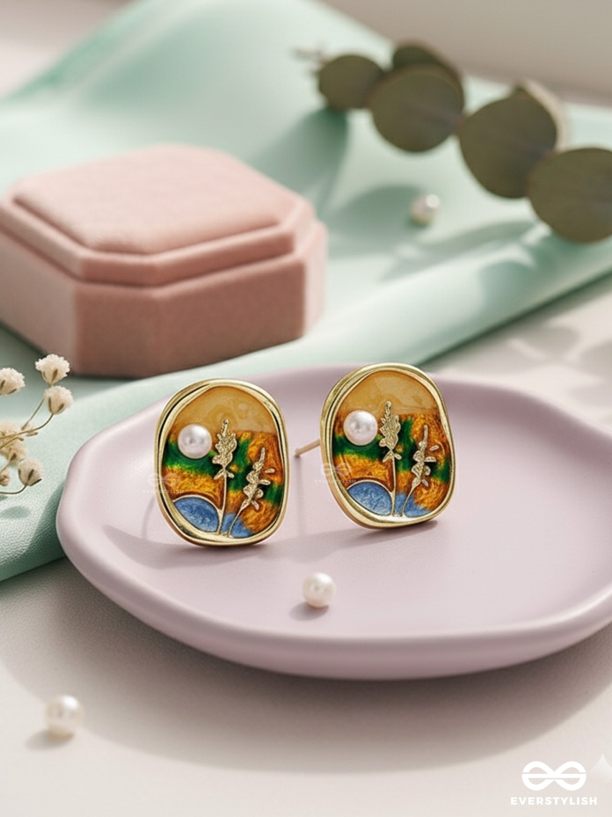 SUNLIT BLOOM-  ENAMEL EARRINGS WITH FLORAL MOTIF AND PEARLS