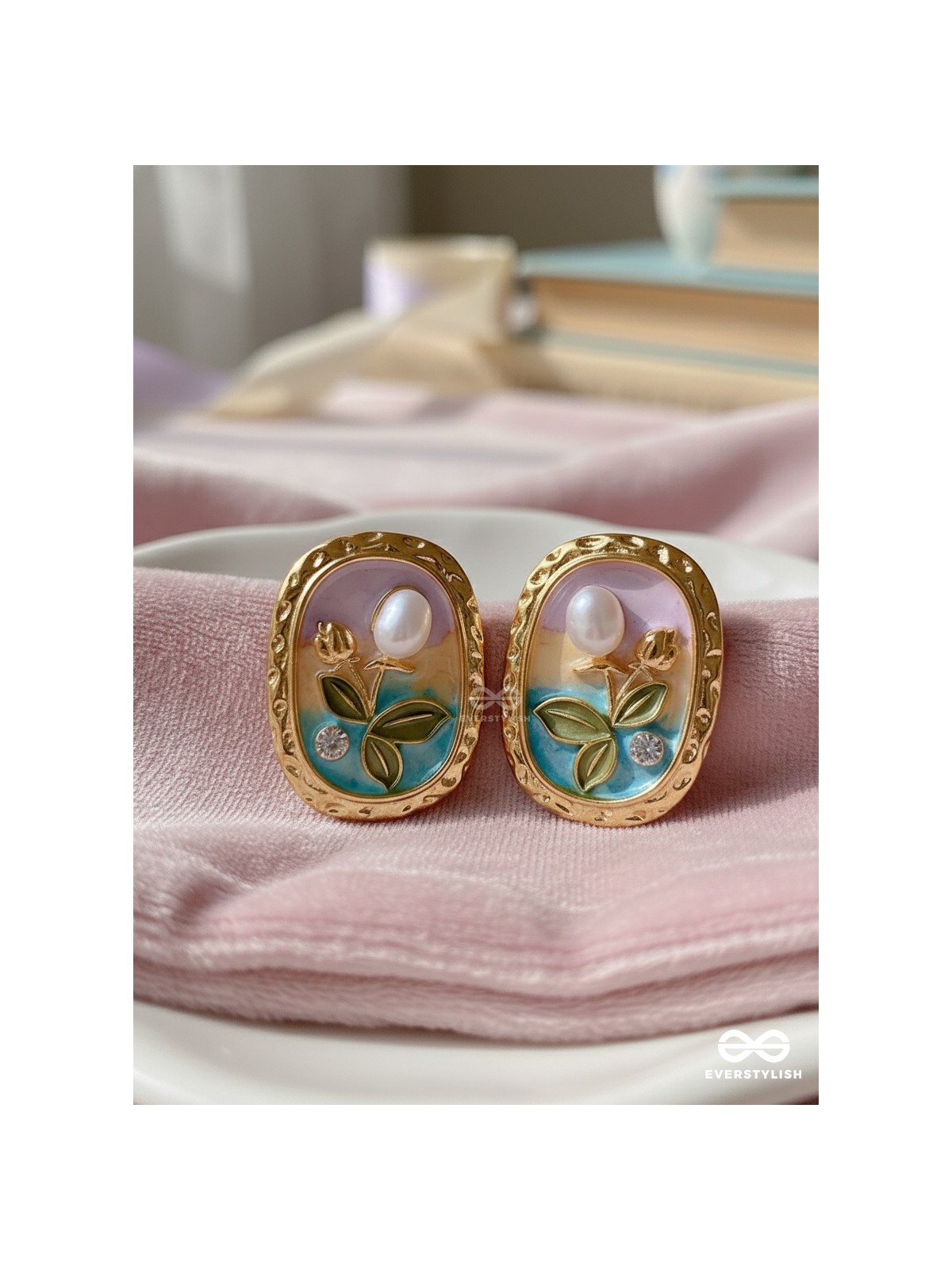 FLORAL MUSE- STATEMENT EARRINGS WITH EMBOSSED FLOWERS AND PEARLS