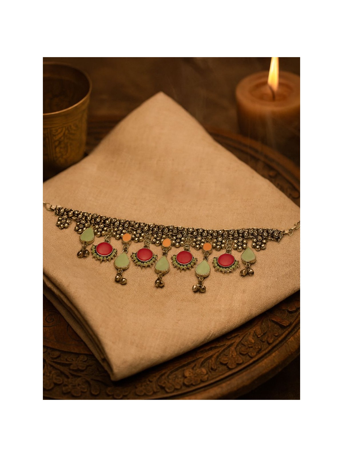 CHARM BLOSSOM - ANTIQUE ENAMELLED OXIDISED NECKLACE