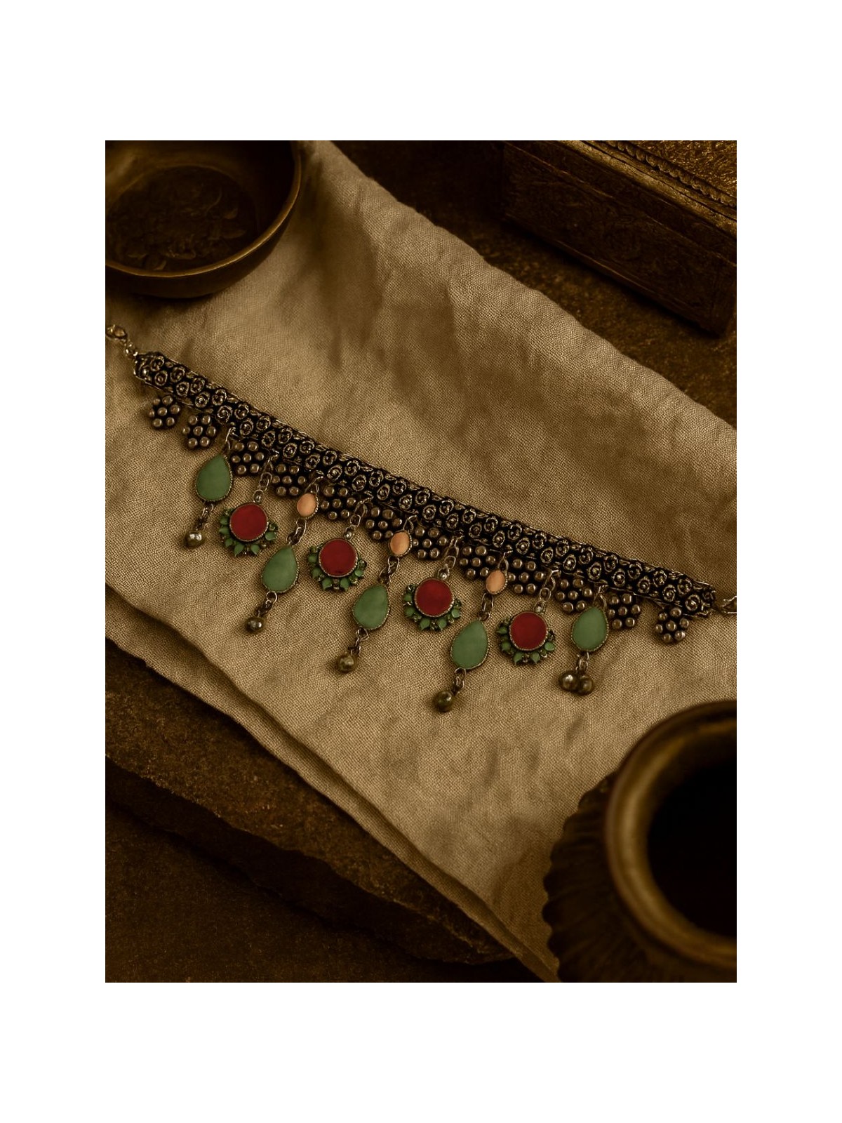 CHARM BLOSSOM - ANTIQUE ENAMELLED OXIDISED NECKLACE