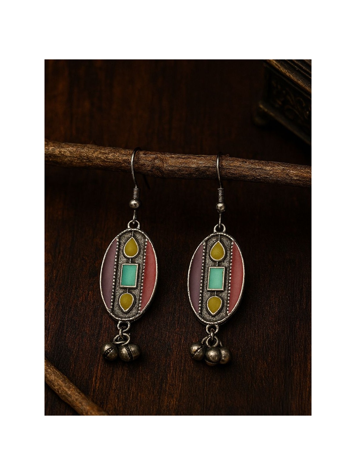  BAZAAR BEAT- OVAL ENAMELLED OXIDISED EARRINGS