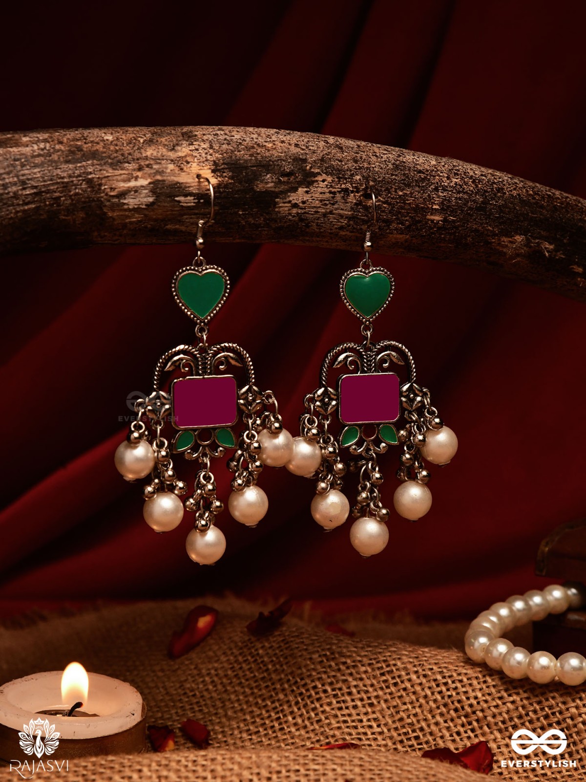 HEART & HERITAGE – OXIDISED EARRINGS WITH PEARLS AND ENAMEL