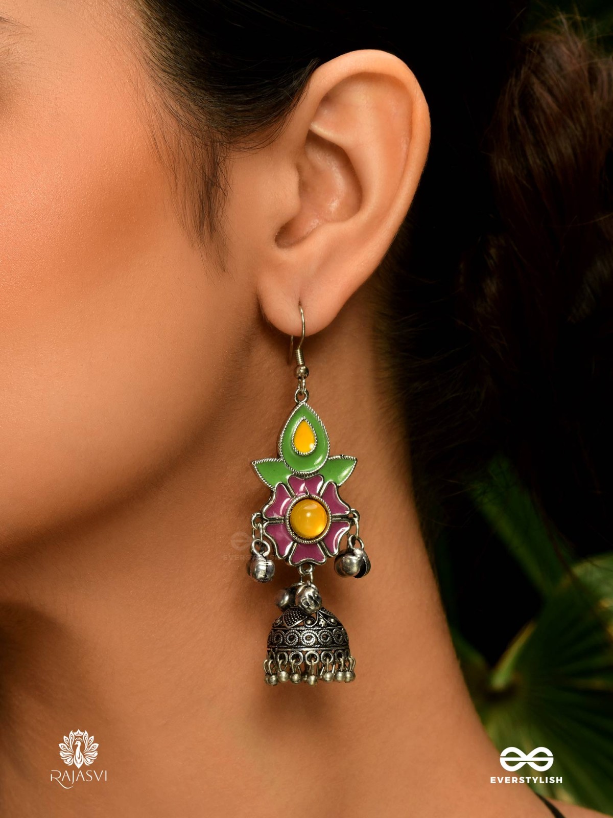 PHOOLRANG – COLORFUL FLORAL OXIDISED JHUMKA