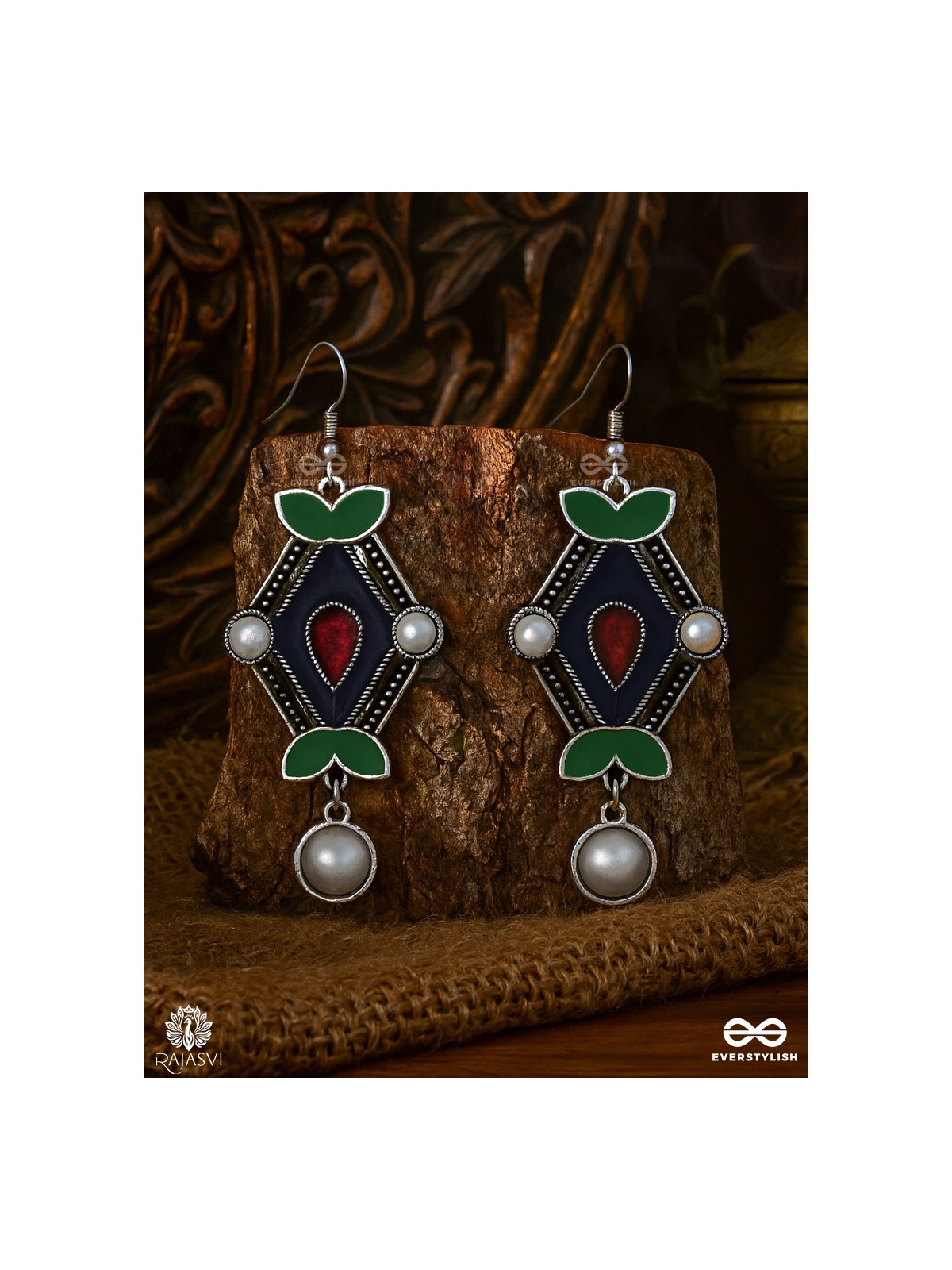 NATURE'S CHIME – ENAMELLED OXIDISED EARRING WITH PEARL DROP