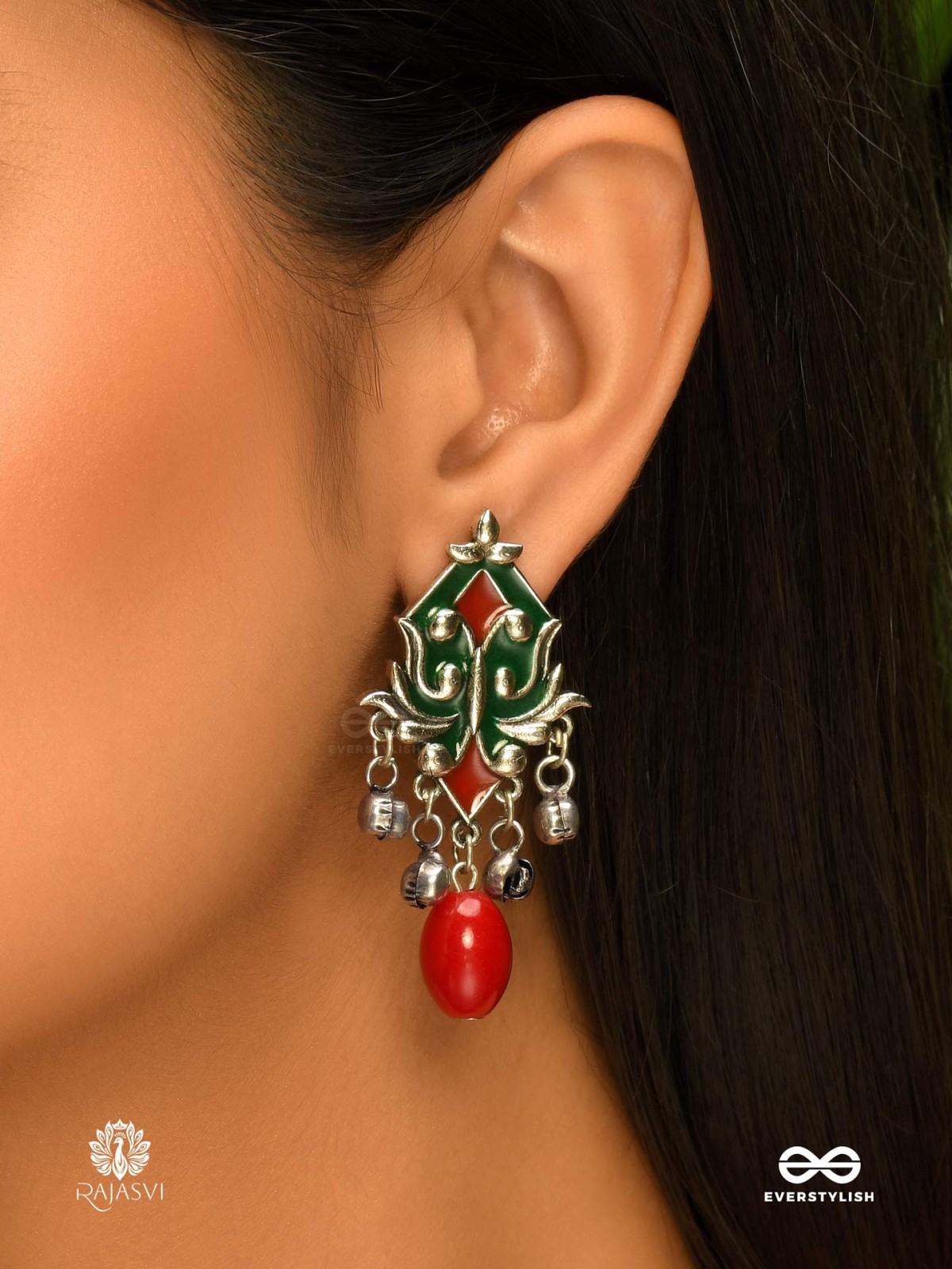 RHYTHMIC ROOTS – OXIDISED ENAMEL EARRINGS WITH GHUNGROOS
