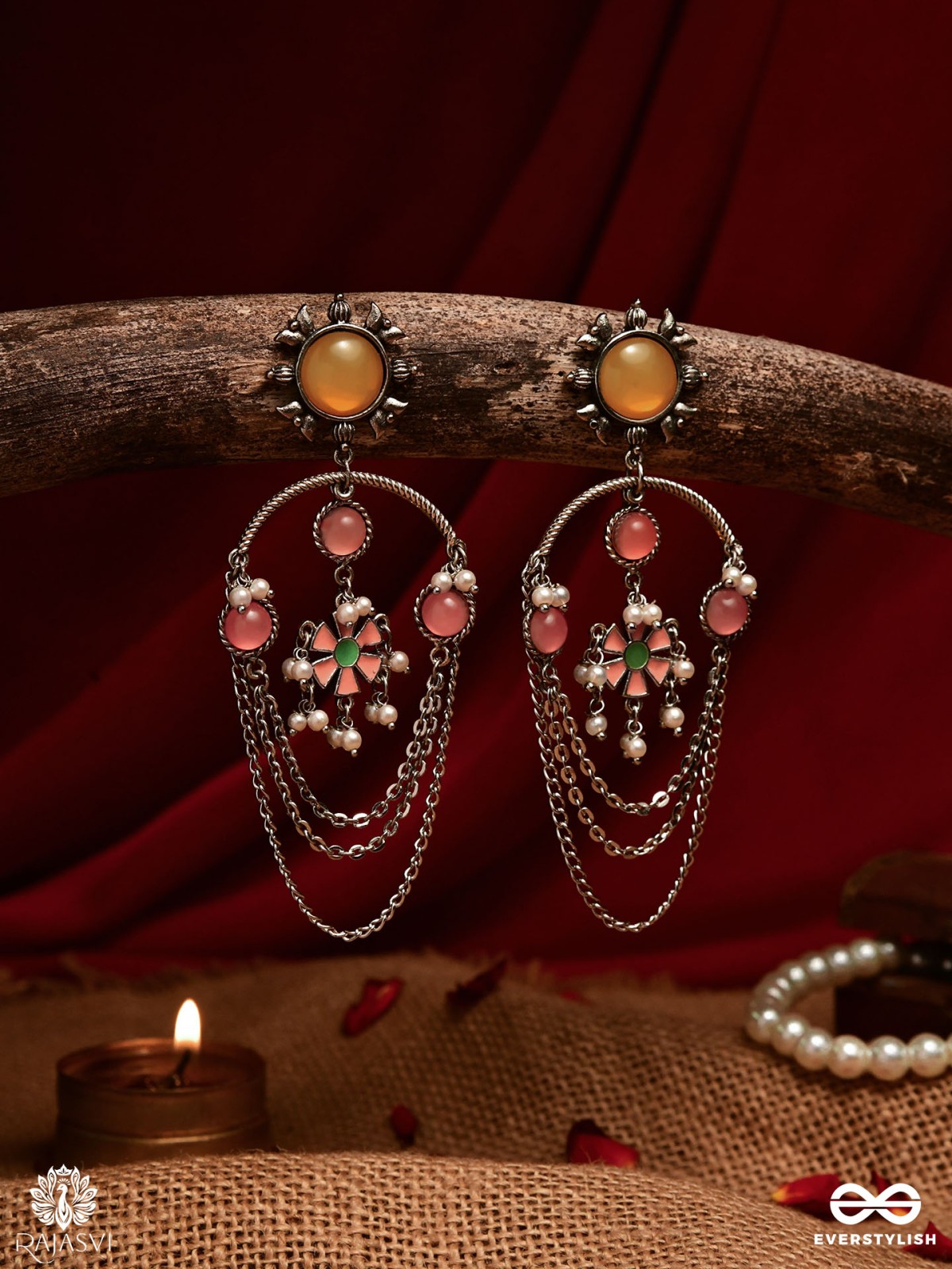 SUNSET GLORY – ORANGE ENAMELLED OXIDISED EARRING