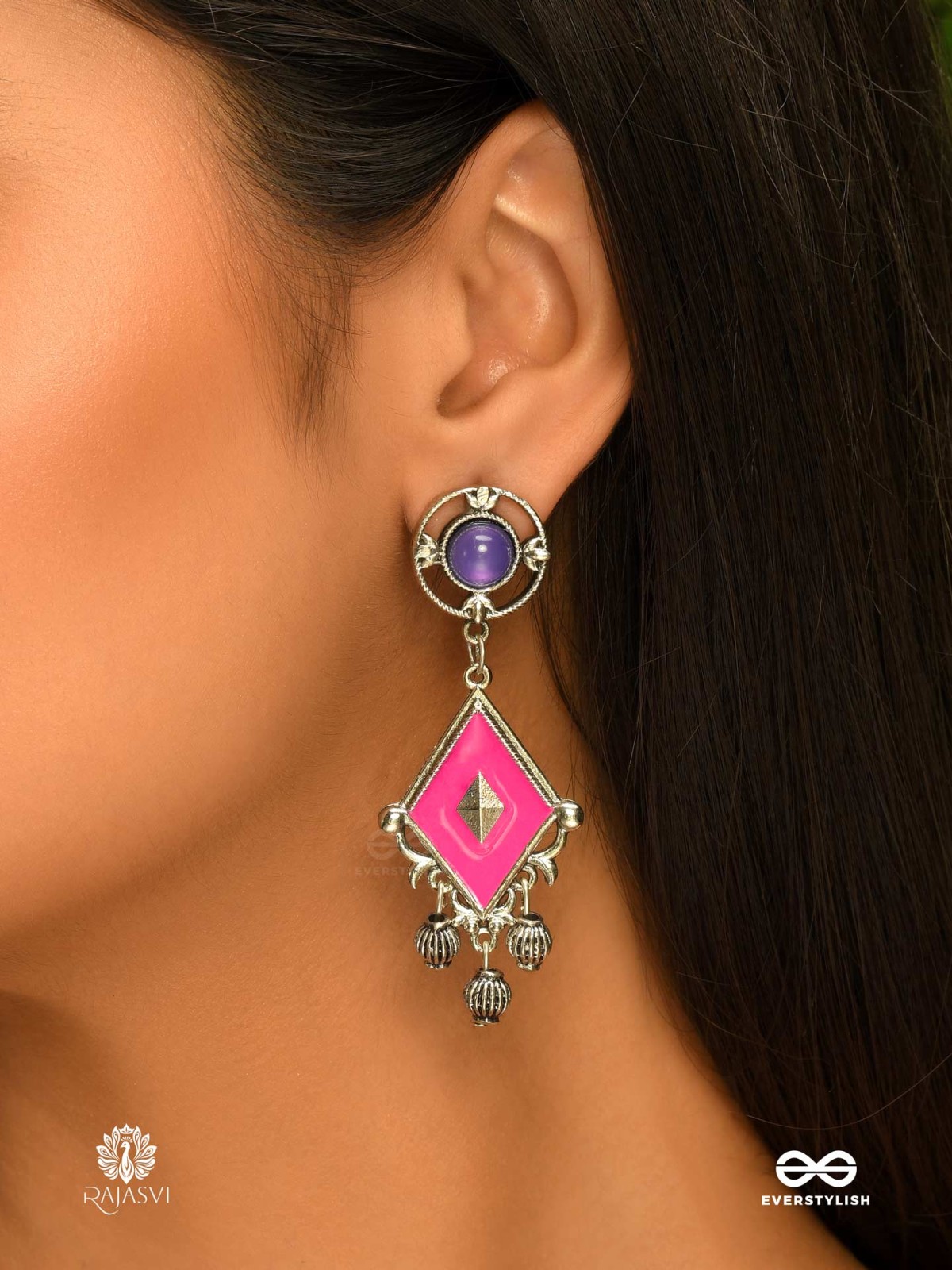 RUBY DUSK – GEOMETRIC DROP ENAMELLED OXIDISED EARRING  