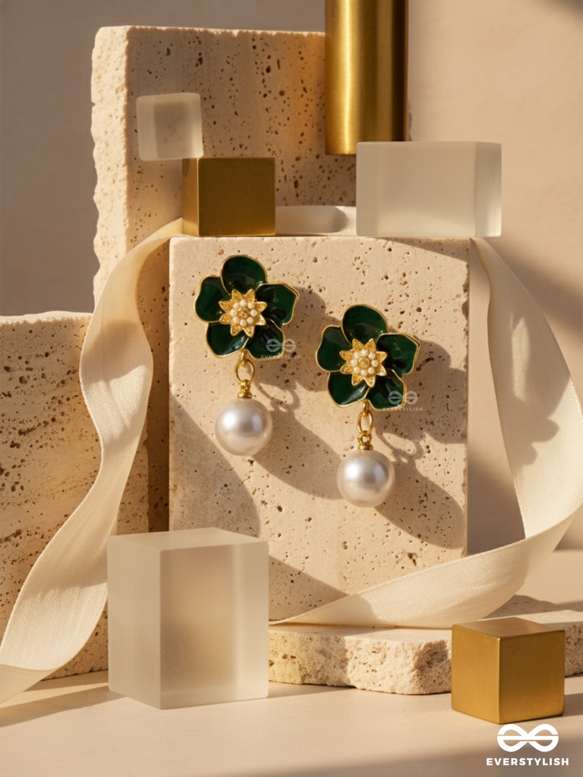 ROYAL PETAL – GREEN FLORAL AND PEARL DROPS WITH MODERN MYSTIQUE