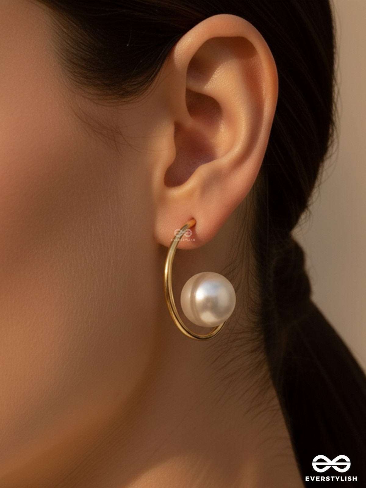 LUNAR LOOP – MODERN PEARL EARRINGS IN A GOLD HOOP DESIGN