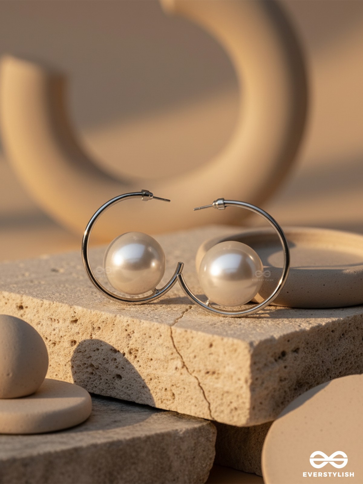 LUNAR LOOP – MODERN PEARL EARRINGS IN A SILVER HOOP DESIGN