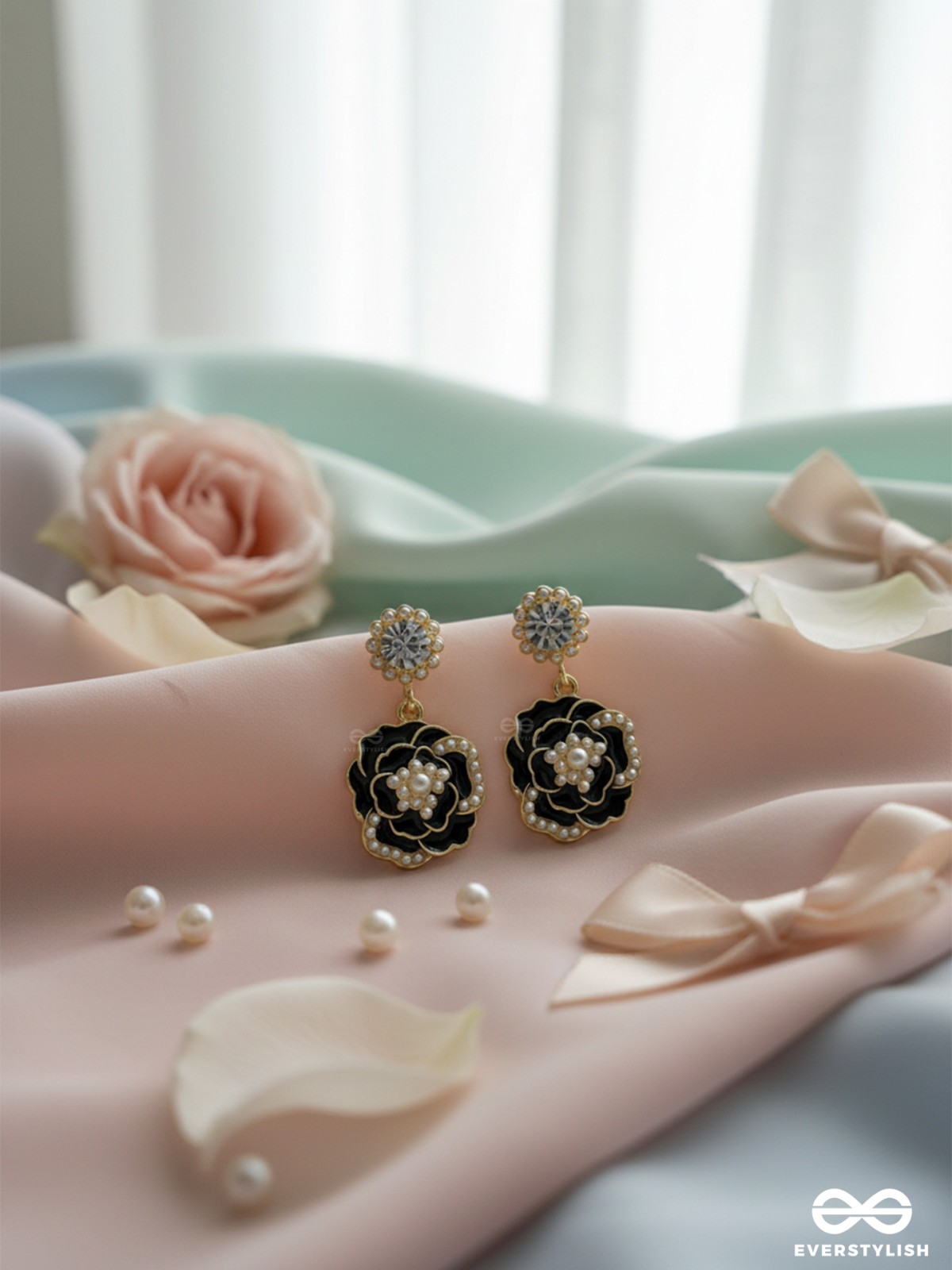MIDNIGHT ROSE – STATEMENT DROP EARRINGS WITH GOLD TRIM