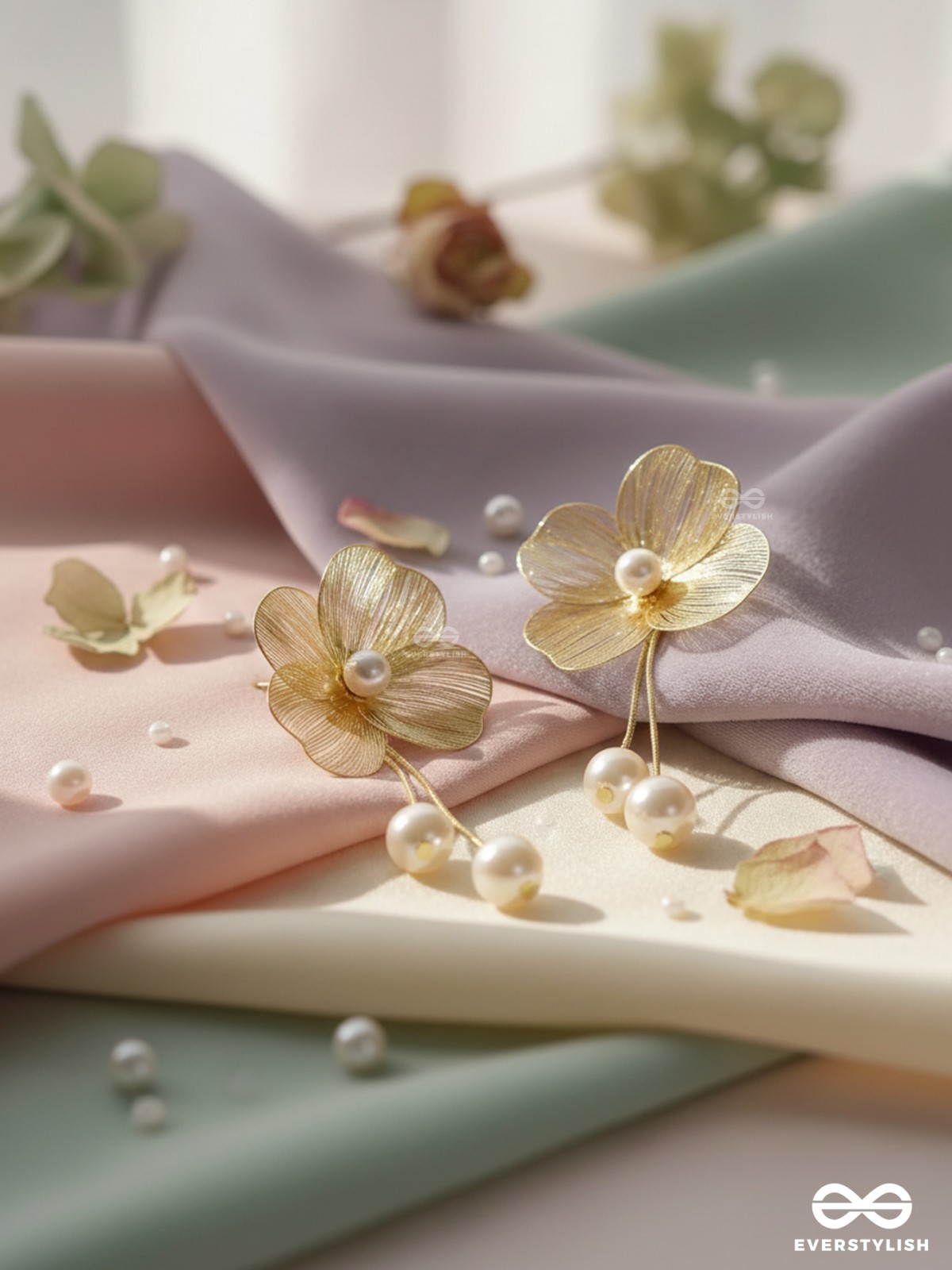 PETAL CASCADE – GOLDEN FLORAL EARRINGS WITH PEARL DROPS