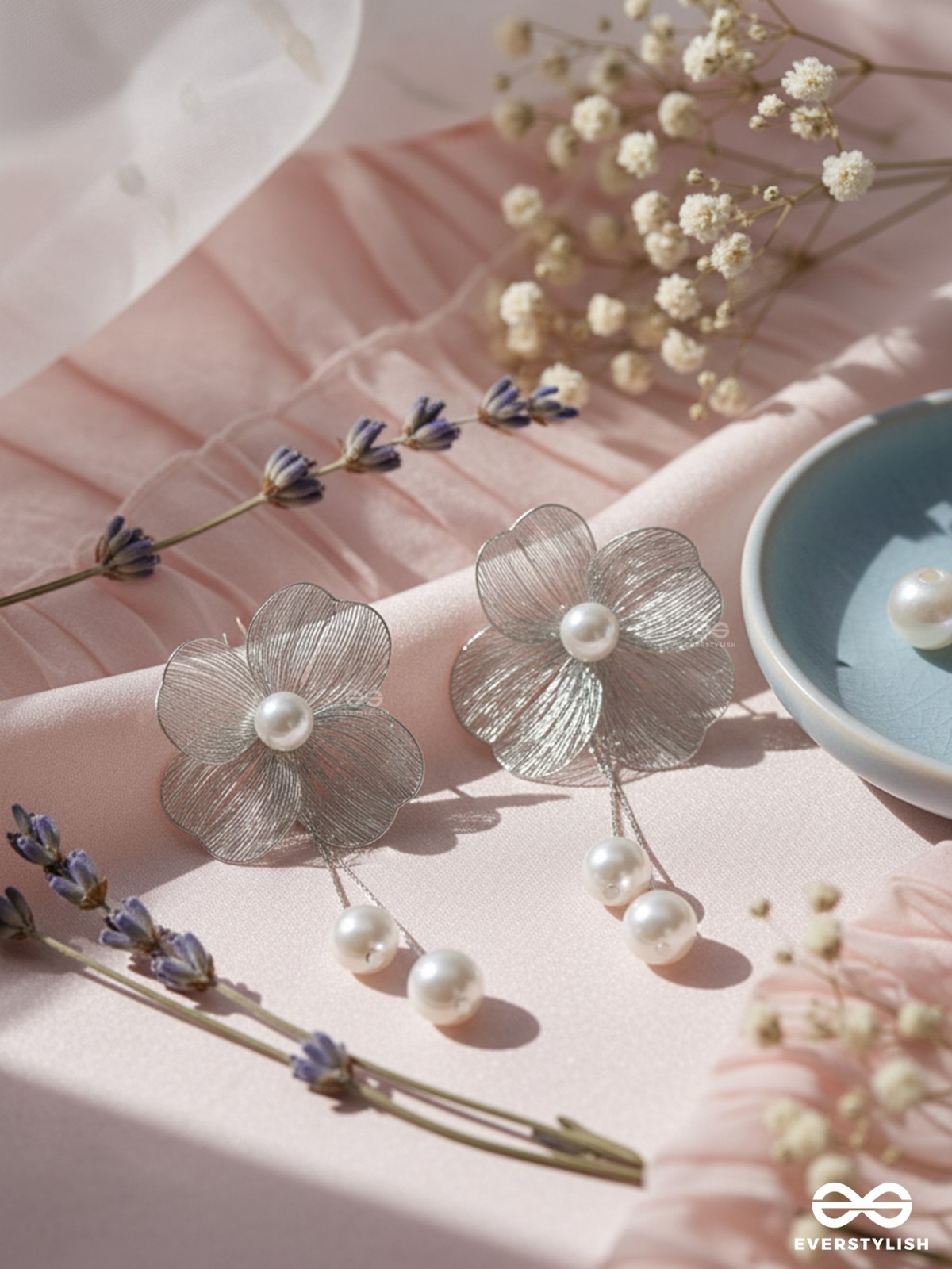 PETAL CASCADE – SILVER FLORAL EARRINGS WITH PEARL DROPS