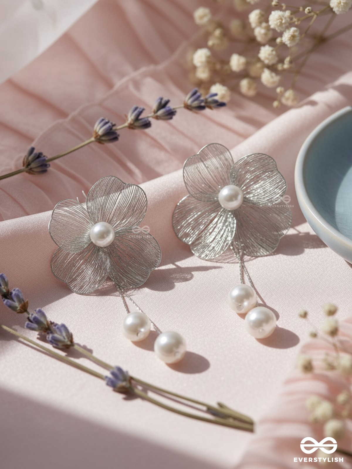 PETAL CASCADE – SILVER FLORAL EARRINGS WITH PEARL DROPS