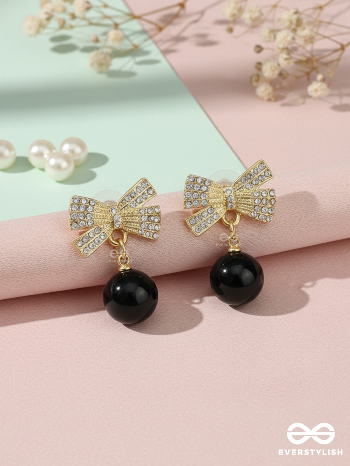 LUXE BOW – EMBELLISHED GOLD BOW EARRINGS WITH DROP BEAD