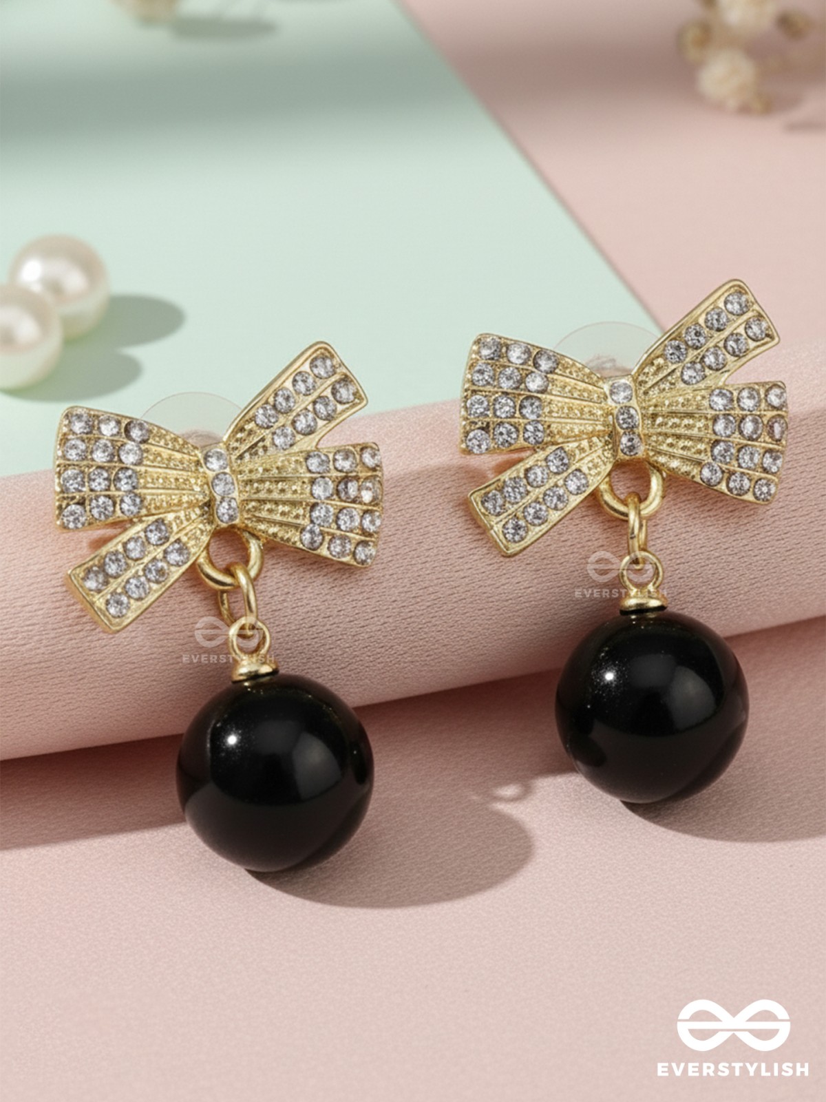 LUXE BOW – EMBELLISHED GOLD BOW EARRINGS WITH DROP BEAD