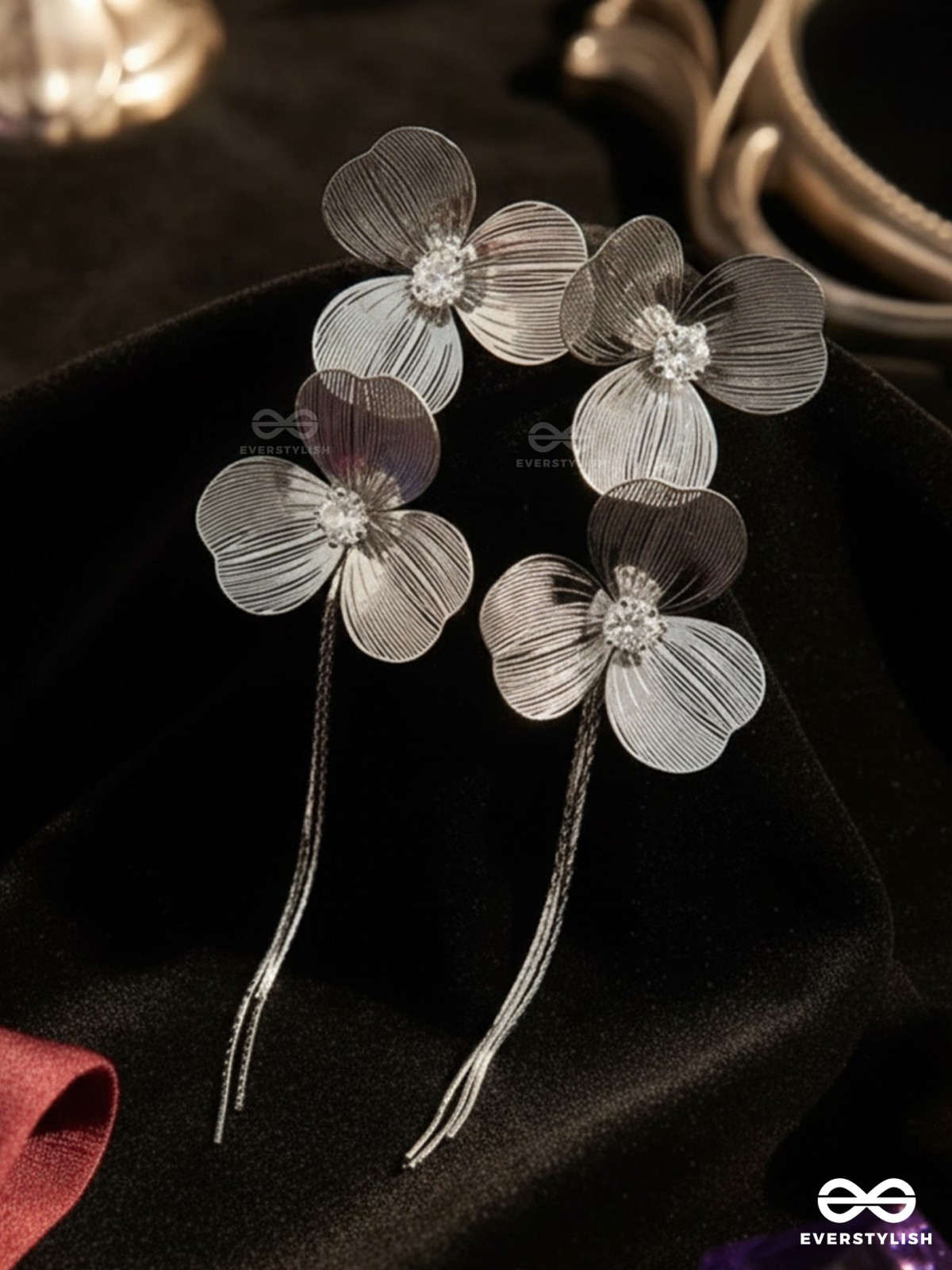 PETAL GLIDE – MODERN SILVER FLORAL FRINGE EARRINGS
