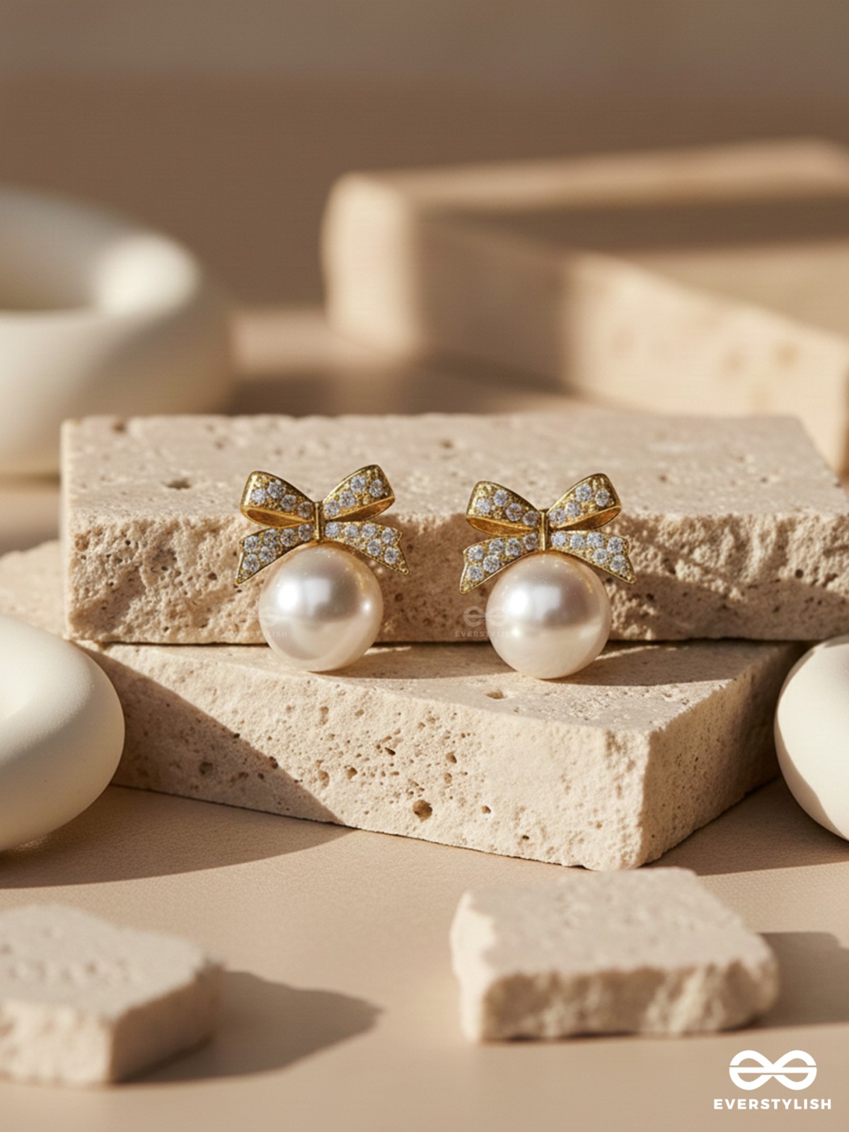 BOW IN SNOW- WHITE PEARL BOW EARRINGS
