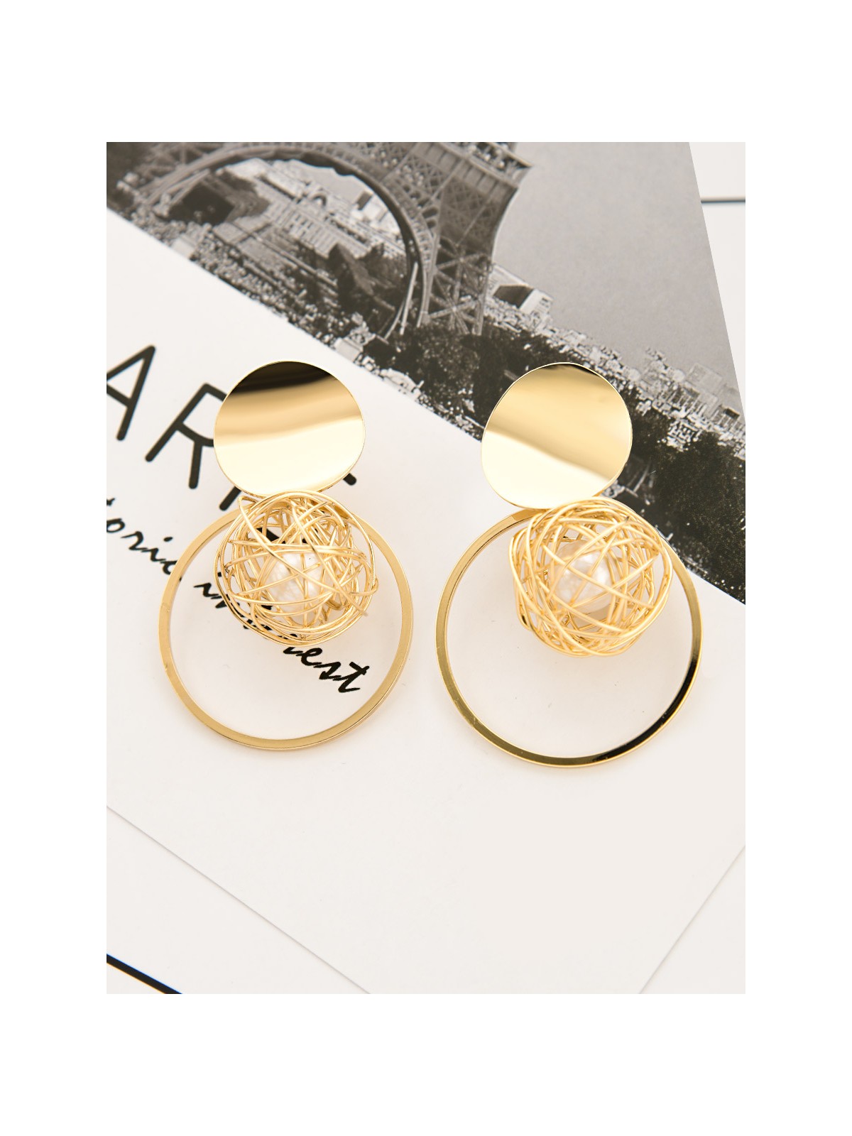 A Geometric Delight - Pearl in a Cage of Gold Earrings