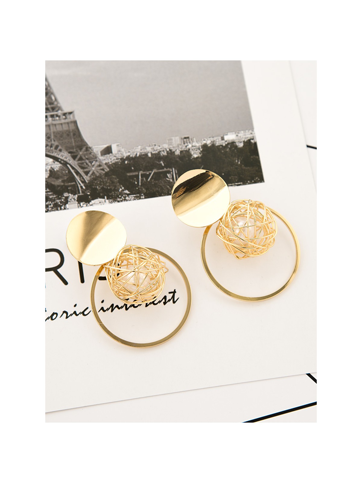 A Geometric Delight - Pearl in a Cage of Gold Earrings