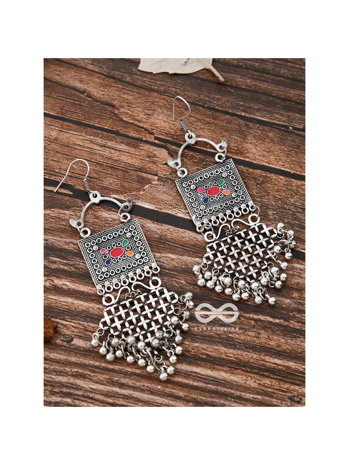 The Embellished Trunk Criss Cross Danglers (Multicolour) - Oxidised Boho Earrings
