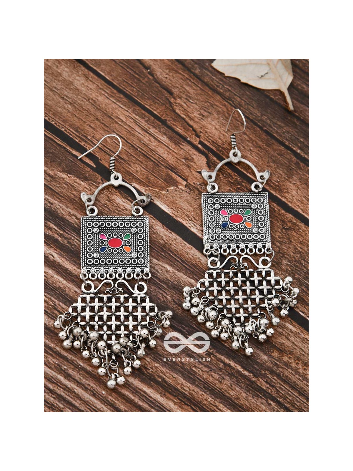 The Embellished Trunk Criss Cross Danglers (Multicolour) - Oxidised Boho Earrings