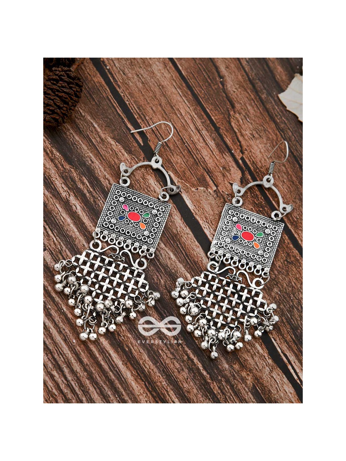 The Embellished Trunk Criss Cross Danglers (Multicolour) - Oxidised Boho Earrings