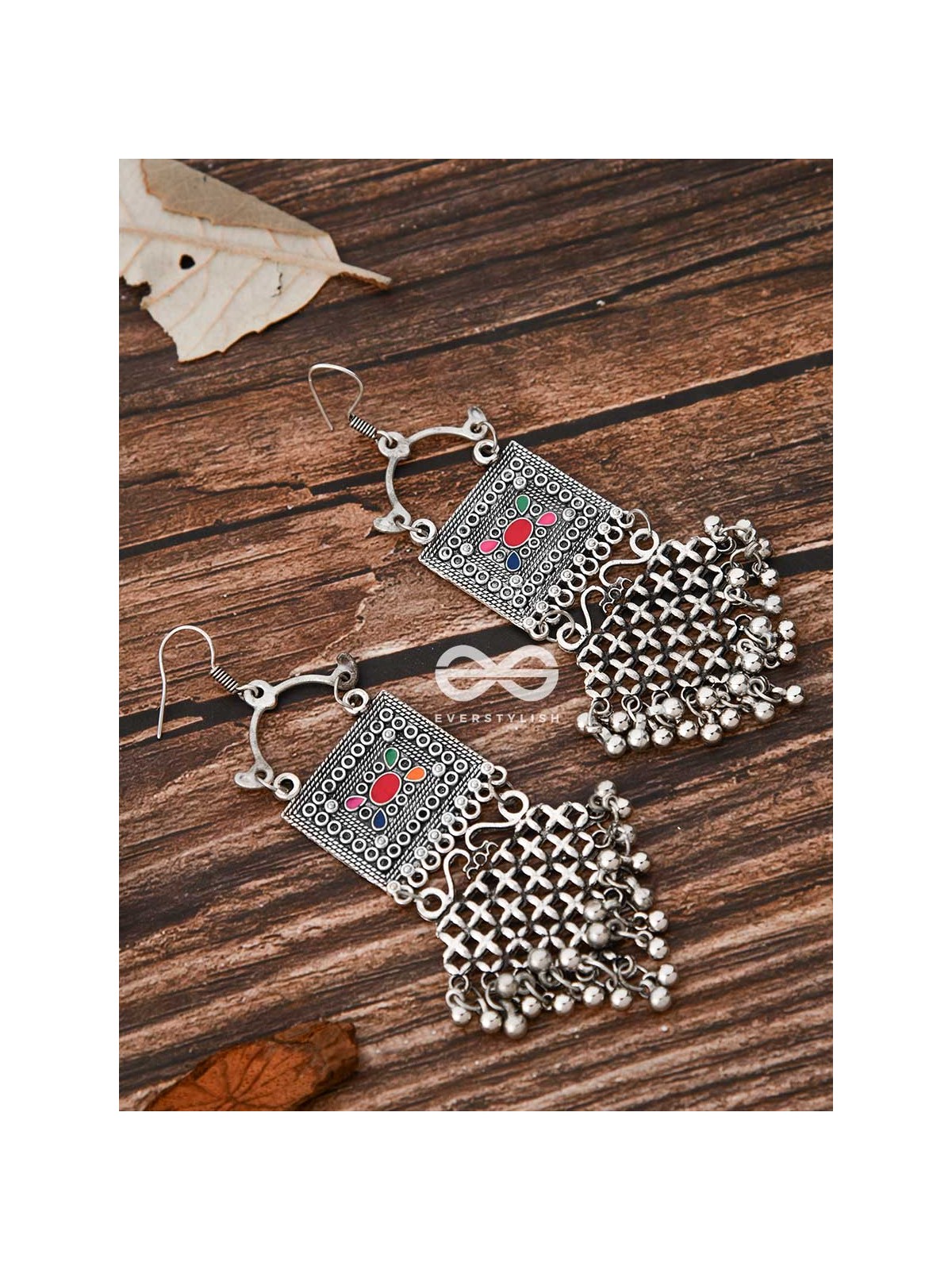 The Embellished Trunk Criss Cross Danglers (Multicolour) - Oxidised Boho Earrings