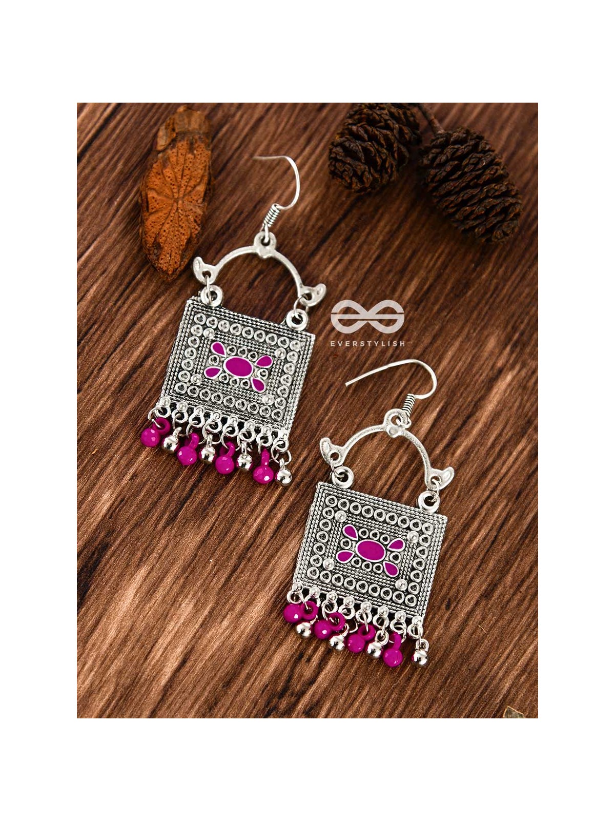 The Embellished Trunk - Oxidised Boho Earrings (Silver-Pink)