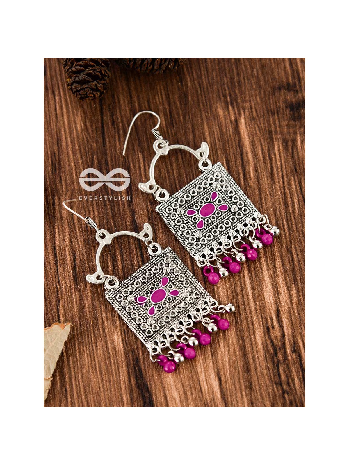 The Embellished Trunk - Oxidised Boho Earrings (Silver-Pink)