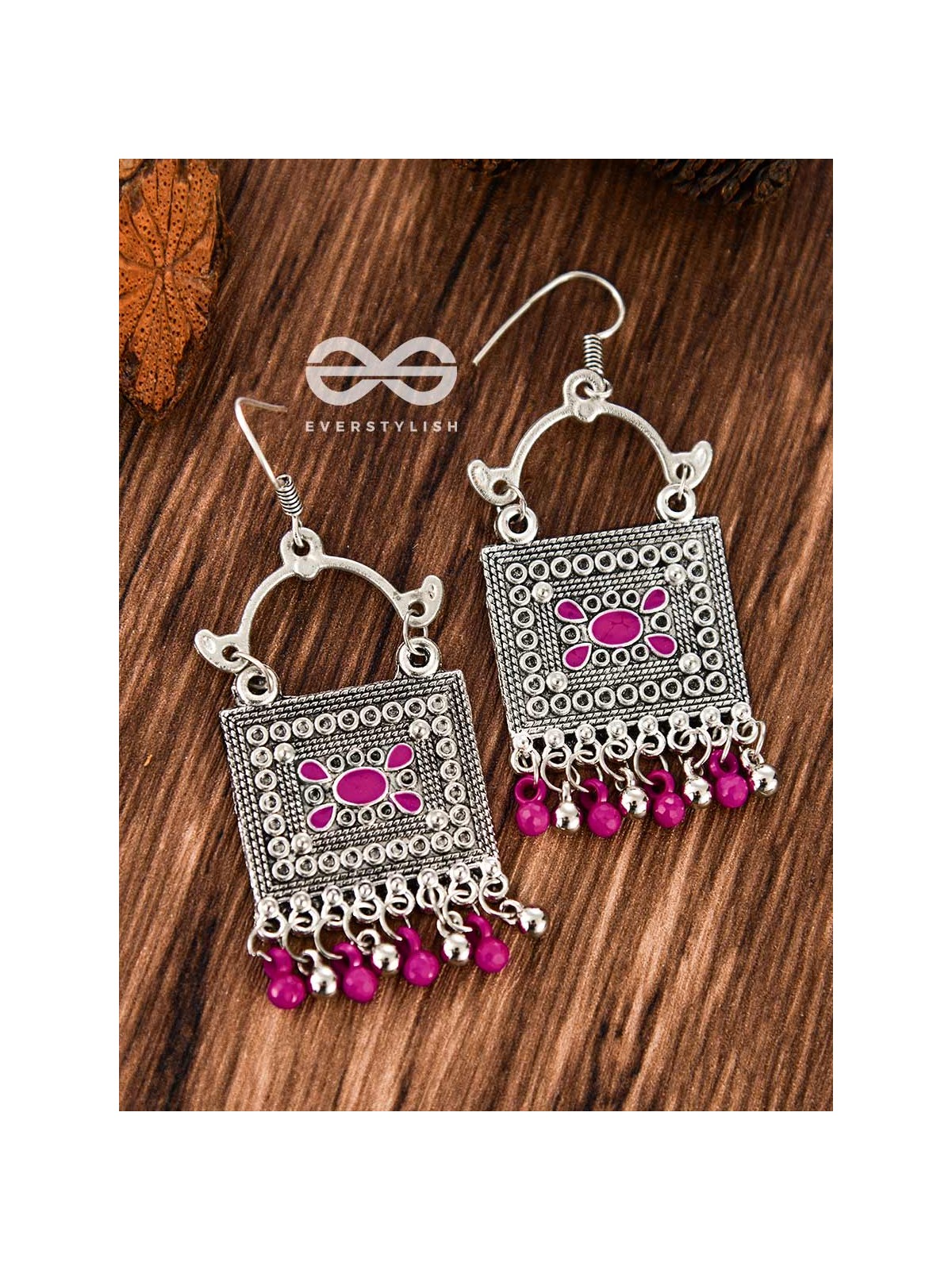 The Embellished Trunk - Oxidised Boho Earrings (Silver-Pink)
