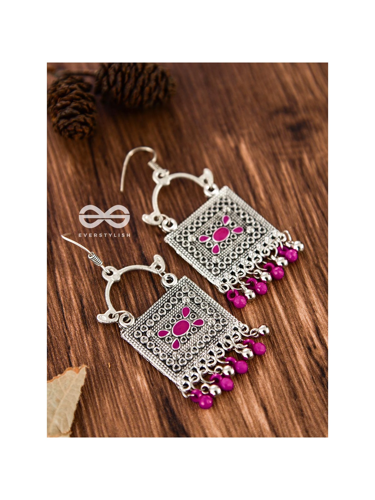 The Embellished Trunk - Oxidised Boho Earrings (Silver-Pink)