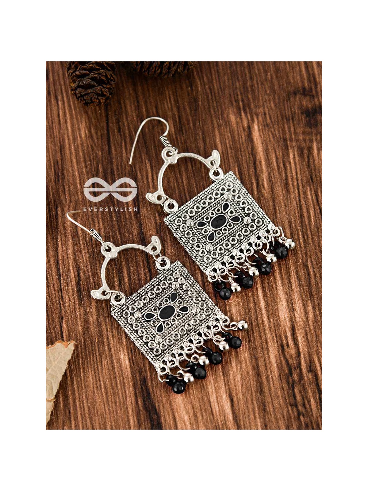 The Embellished Trunk - Oxidised Boho Earrings (Silver-Black)