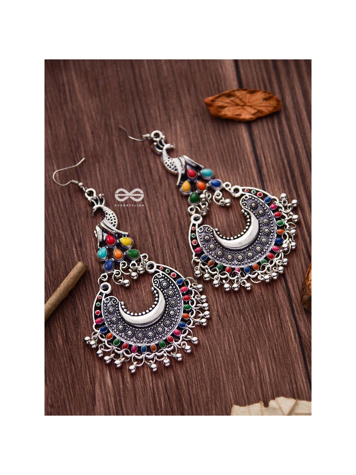 The Fanning Enamelled Peacocks - Oxidised Boho Earrings