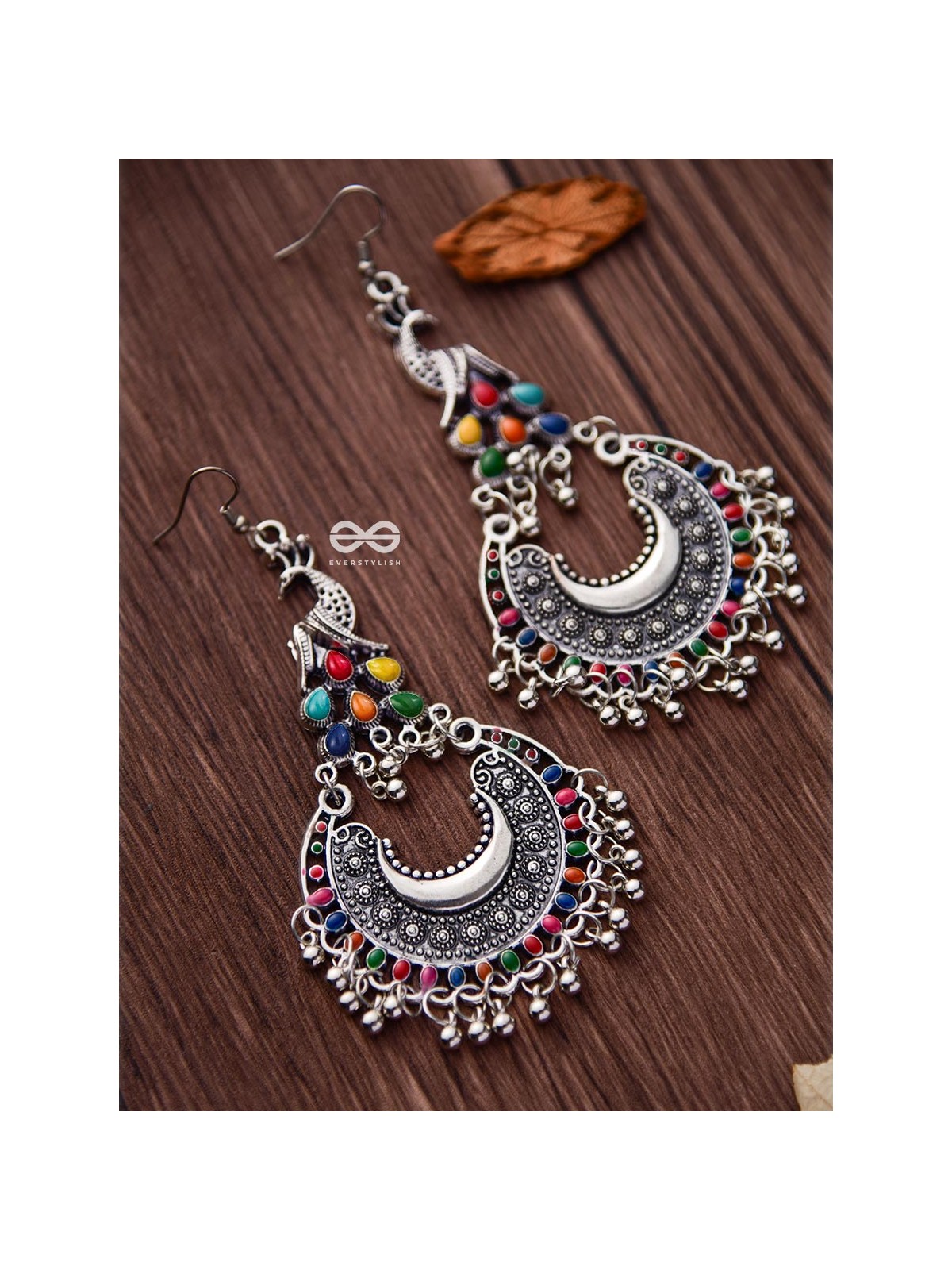 The Fanning Enamelled Peacocks - Oxidised Boho Earrings