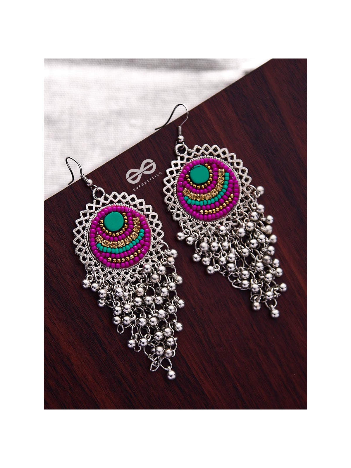 The Boho Jhaalar (Pink-Blue) - The Embroidered Oxidised Collection